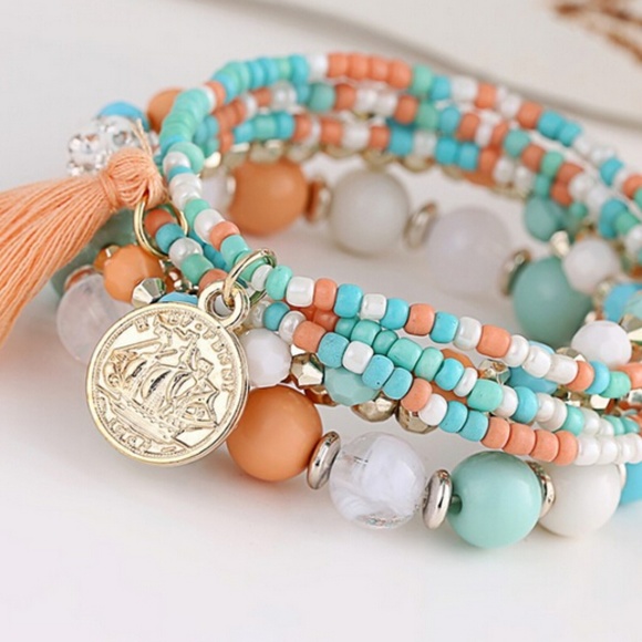 Jewelry - 3/$15 Mint Green & Peach 6 pc Boho Beach Bracelet